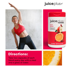 Juice Plus+ Fruit Blend glass with vibrant pour illustrating simple daily use
