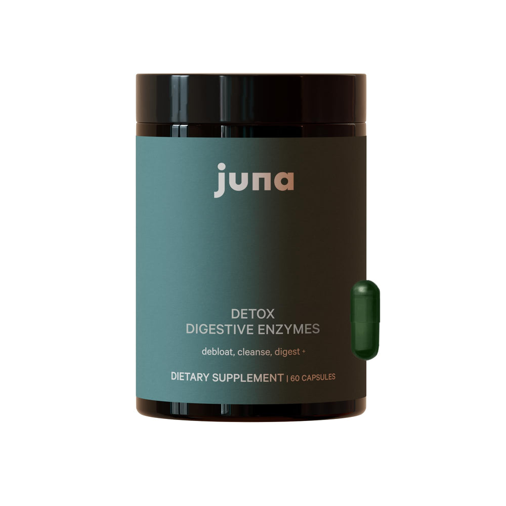 Juna Detox bottle displaying dual-action probiotic and digestive enzyme formula
