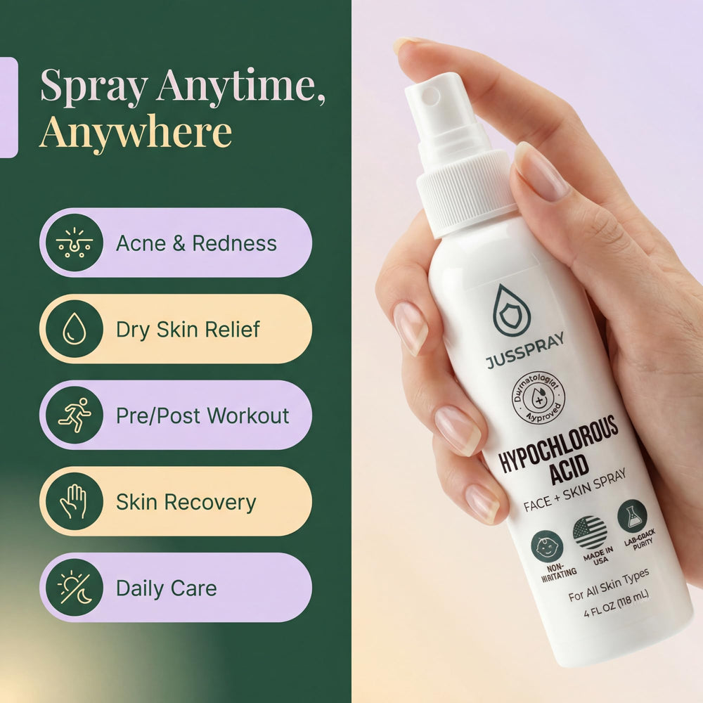 JusSpray HOCl skin-care routine mist applied to face for refresh.