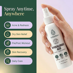JusSpray HOCl skin-care routine mist applied to face for refresh.