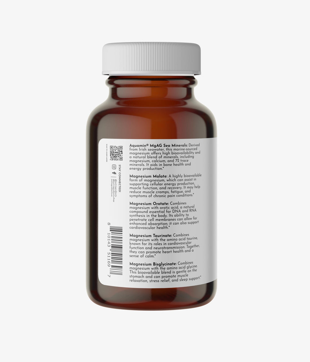 Just Ingredients Magnesium Complex bottle back featuring supplement facts and trace minerals