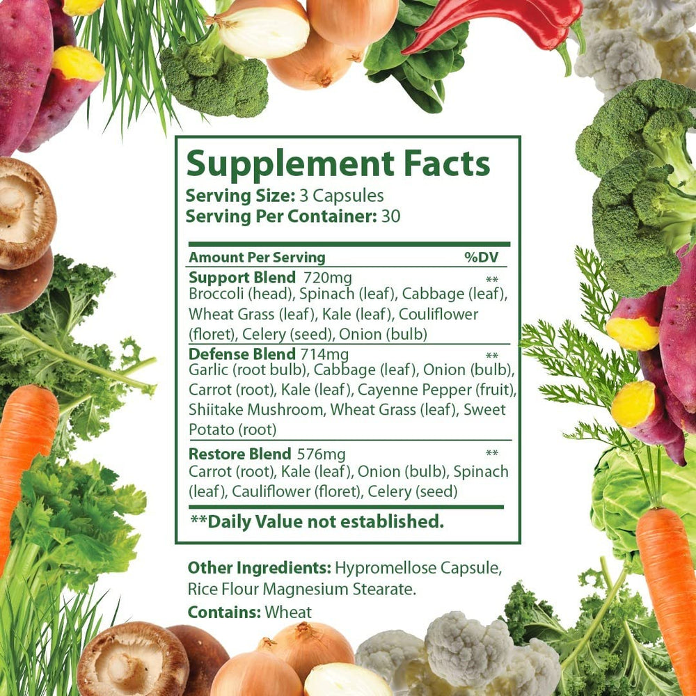 Fresh fruits and vegetables next to the supplement bottle