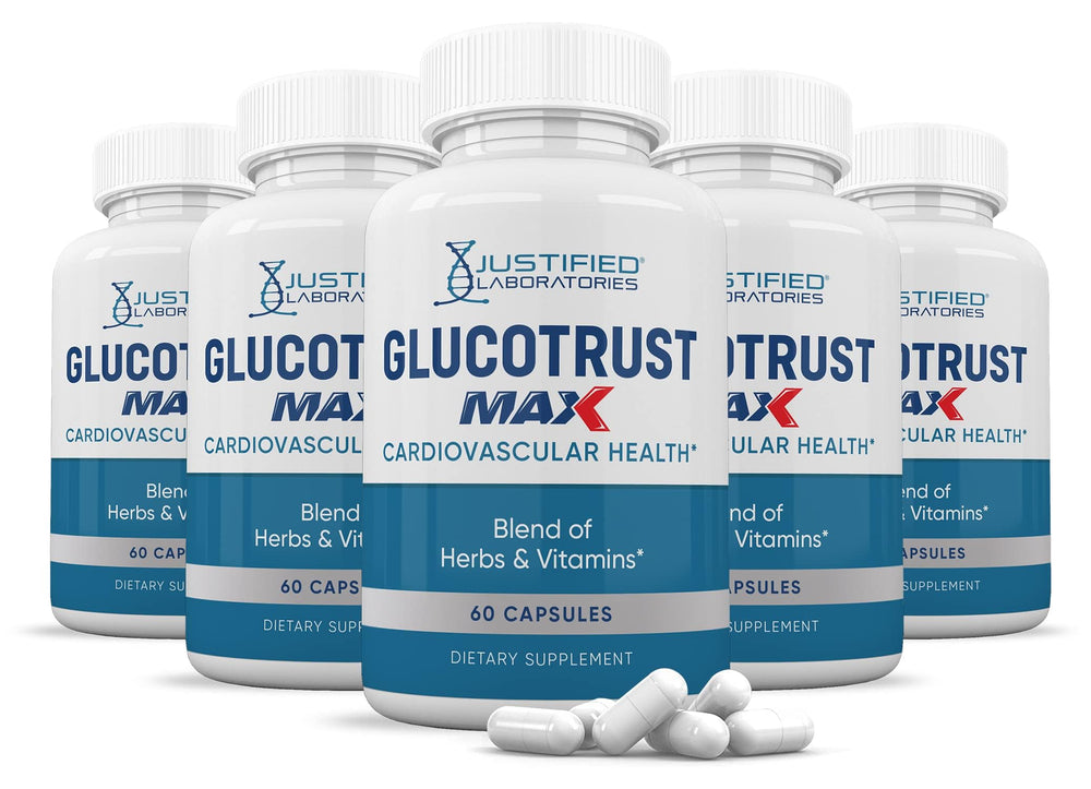 Justified Laboratories Glucotrust Max 1295MG 5-Pack packaging and bottles