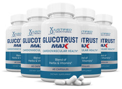 Justified Laboratories Glucotrust Max 1295MG 5-Pack packaging and bottles