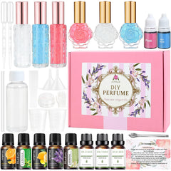 JUYRLE perfume making kit contents laid out in a box