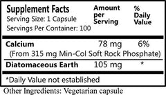 K-Min bottle label indicating 315 mg Min-Col and 105 mg diatomaceous earth
