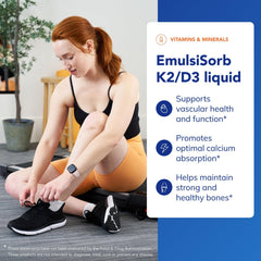 Graphic illustrating emulsified vitamin K2 and vitamin D3 molecules.