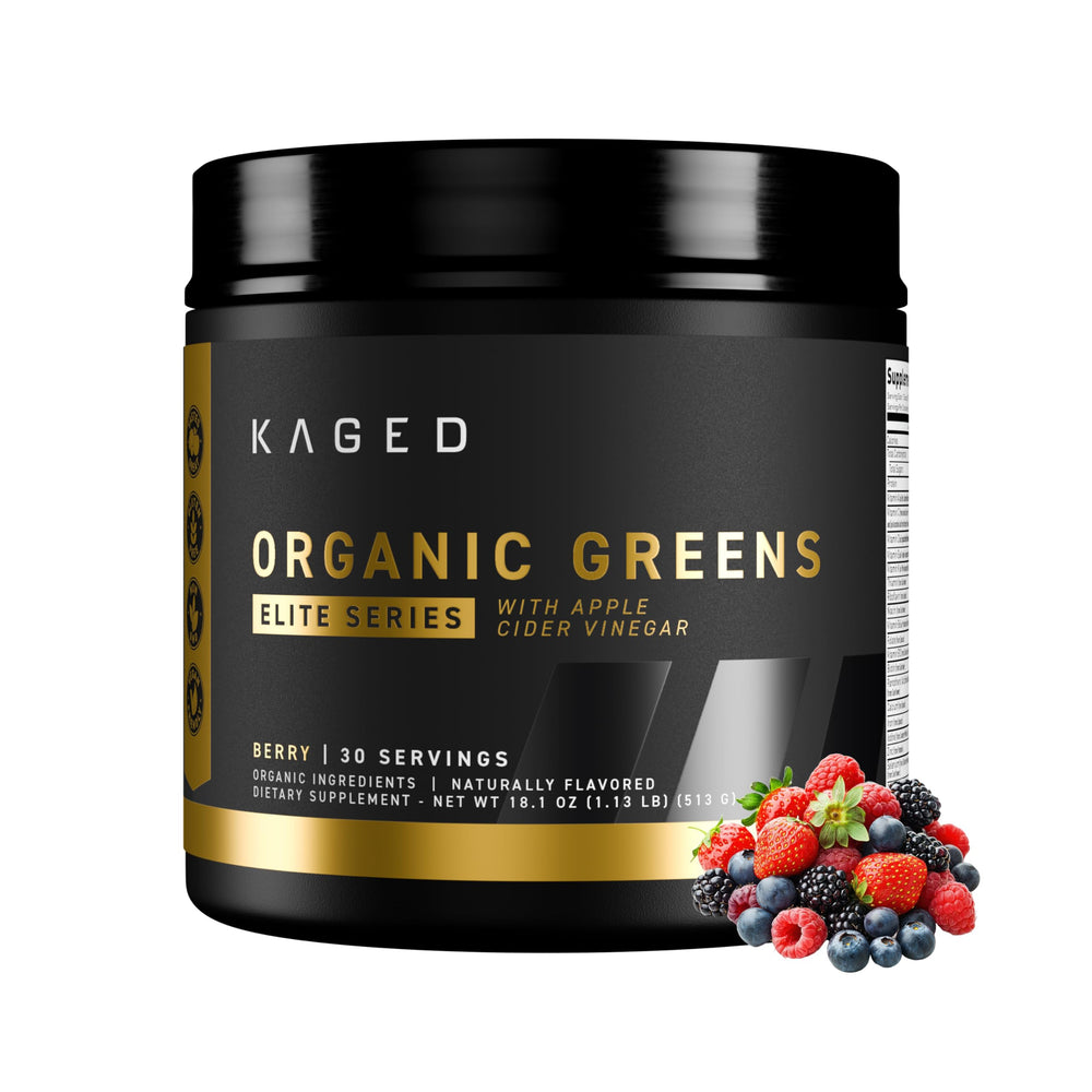 Kaged Organic Greens Elite Berry bottle shown for daily nutrition and convenience