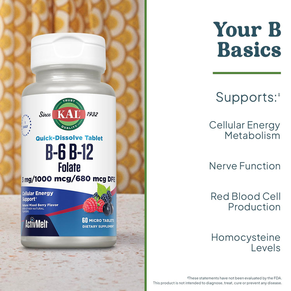 Close-up of supplement facts showing B6, B12 and Folate amounts