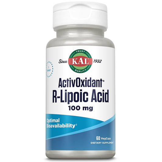 Front view of Kal ActivOxidant 100 mg R-Lipoic Acid bottle, 60-count