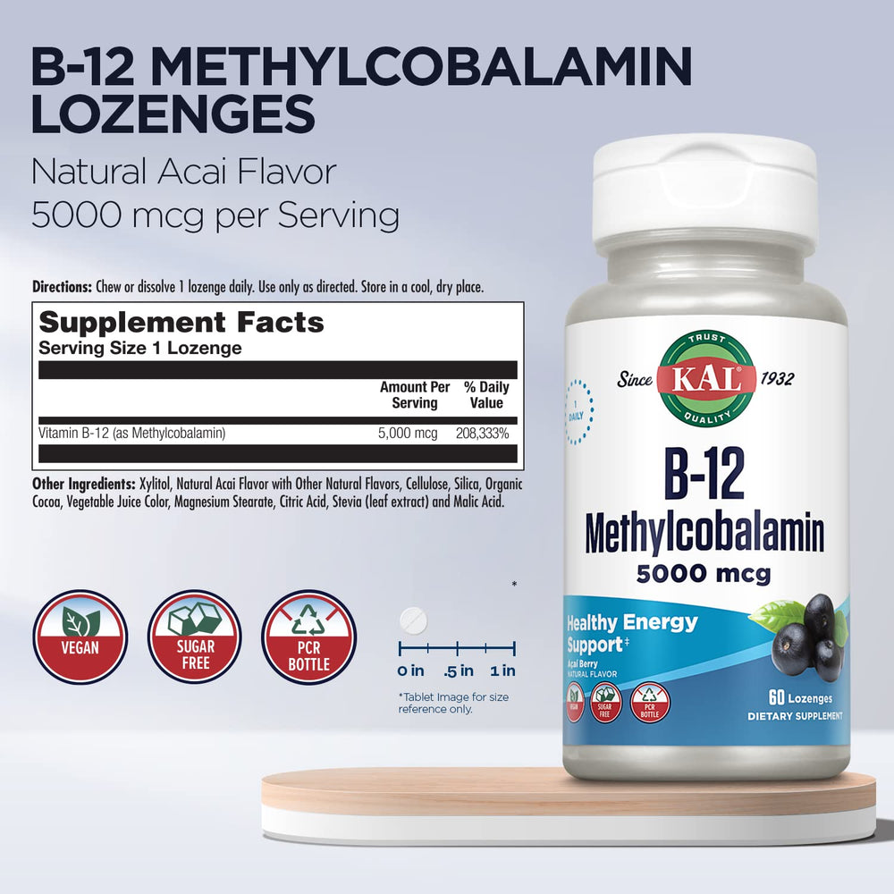 Close-up of acai-flavored B-12 methylcobalamin lozenges
