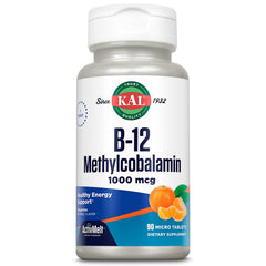 Bottle of KAL Vitamin B12 Methylcobalamin with ActivMelt micro tabs in Tangerine flavor