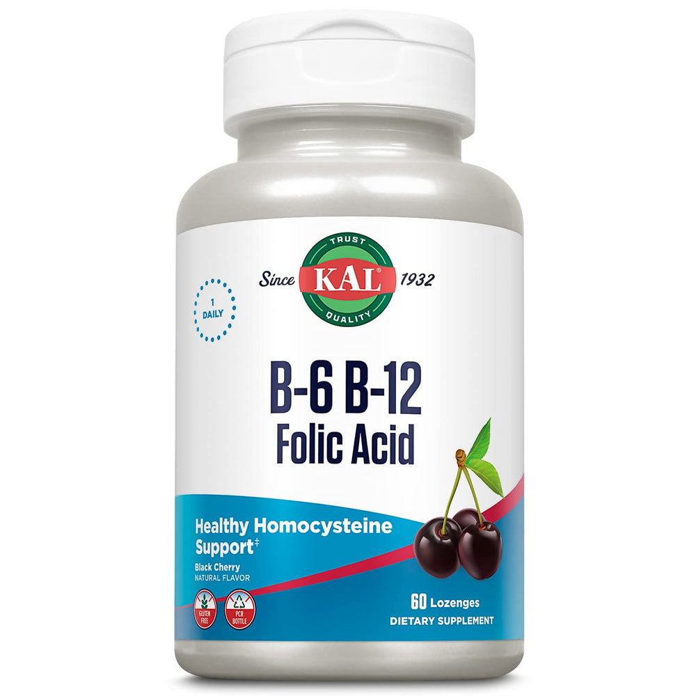 Front view of KAL Vitamin B-6 B-12 Folic Acid cherry lozenges