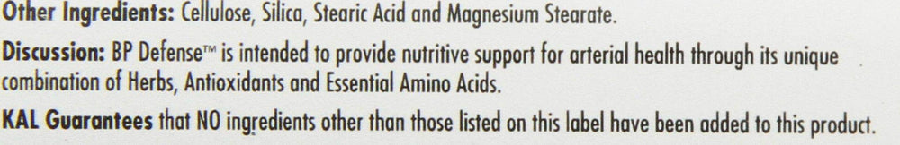 Close-up of KAL BP Defense Tablets bottle label