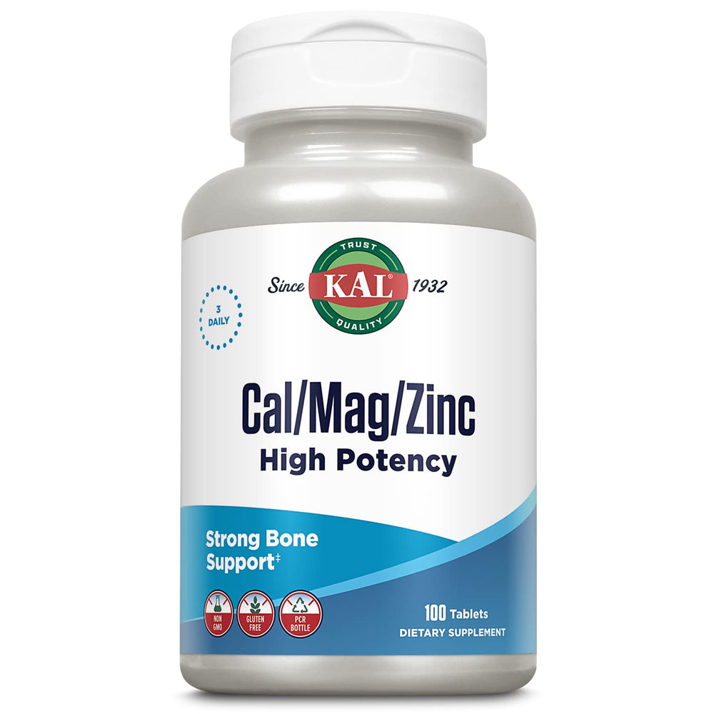 Bottle of KAL Cal/Mag/Zinc 1000mg Calcium, 400mg Magnesium and 15mg Zinc, 100-count