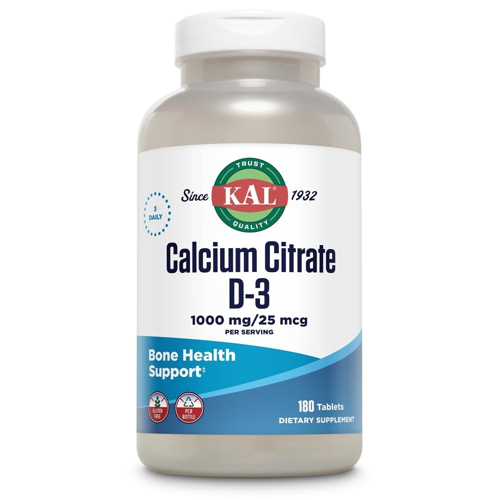 Front view of KAL Calcium Citrate with Vitamin D 1000 IU tablets, 180-count bottle