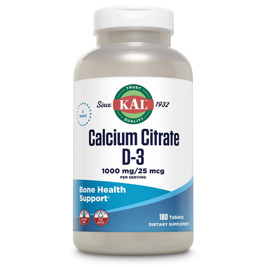 Front view of KAL Calcium Citrate with Vitamin D 1000 IU tablets, 180-count bottle