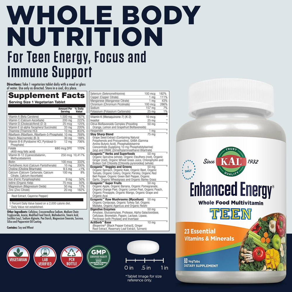Close-up view of Kal Enhanced Energy for Teens Tablets bottle label