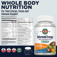 Close-up view of Kal Enhanced Energy for Teens Tablets bottle label