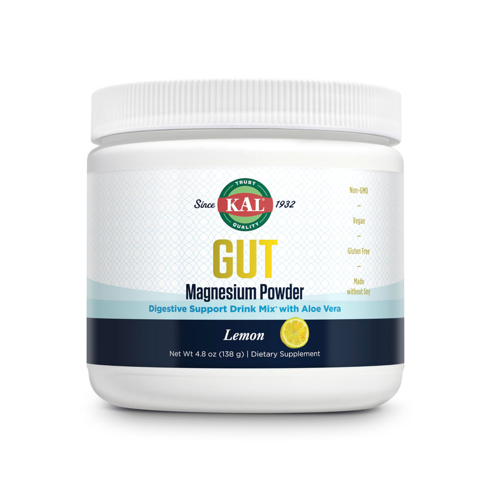 Front view of KAL Gut Magnesium Plus Aloe Vera Powder lemon drink mix jar (4.8 oz, 40 servings).