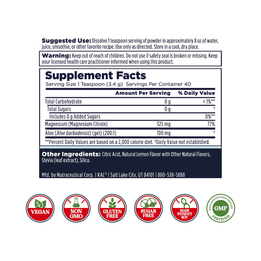 Ingredients label for KAL Gut Magnesium Plus Aloe Vera Lemon Drink Mix.