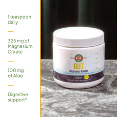 Nutrition facts panel for KAL Gut Magnesium Plus Aloe Vera Lemon Drink Mix.