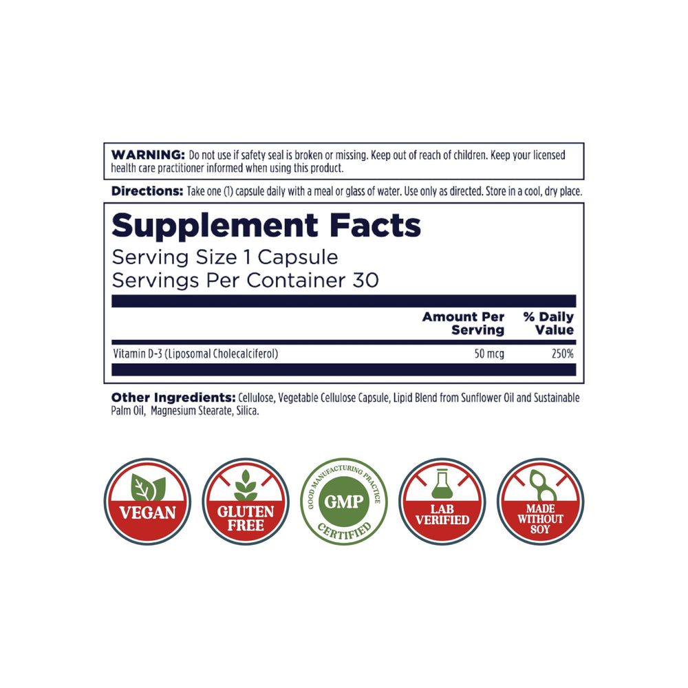 Back label detailing supplement facts for KAL Liposomal Vitamin D3 50 mcg