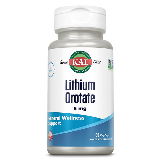 Bottle of KAL Lithium Orotate 5mg VegCaps