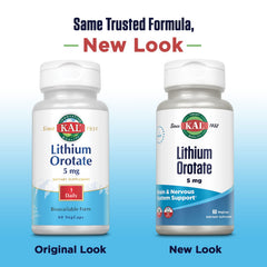 Close-up of KAL Lithium Orotate 5mg bottle label
