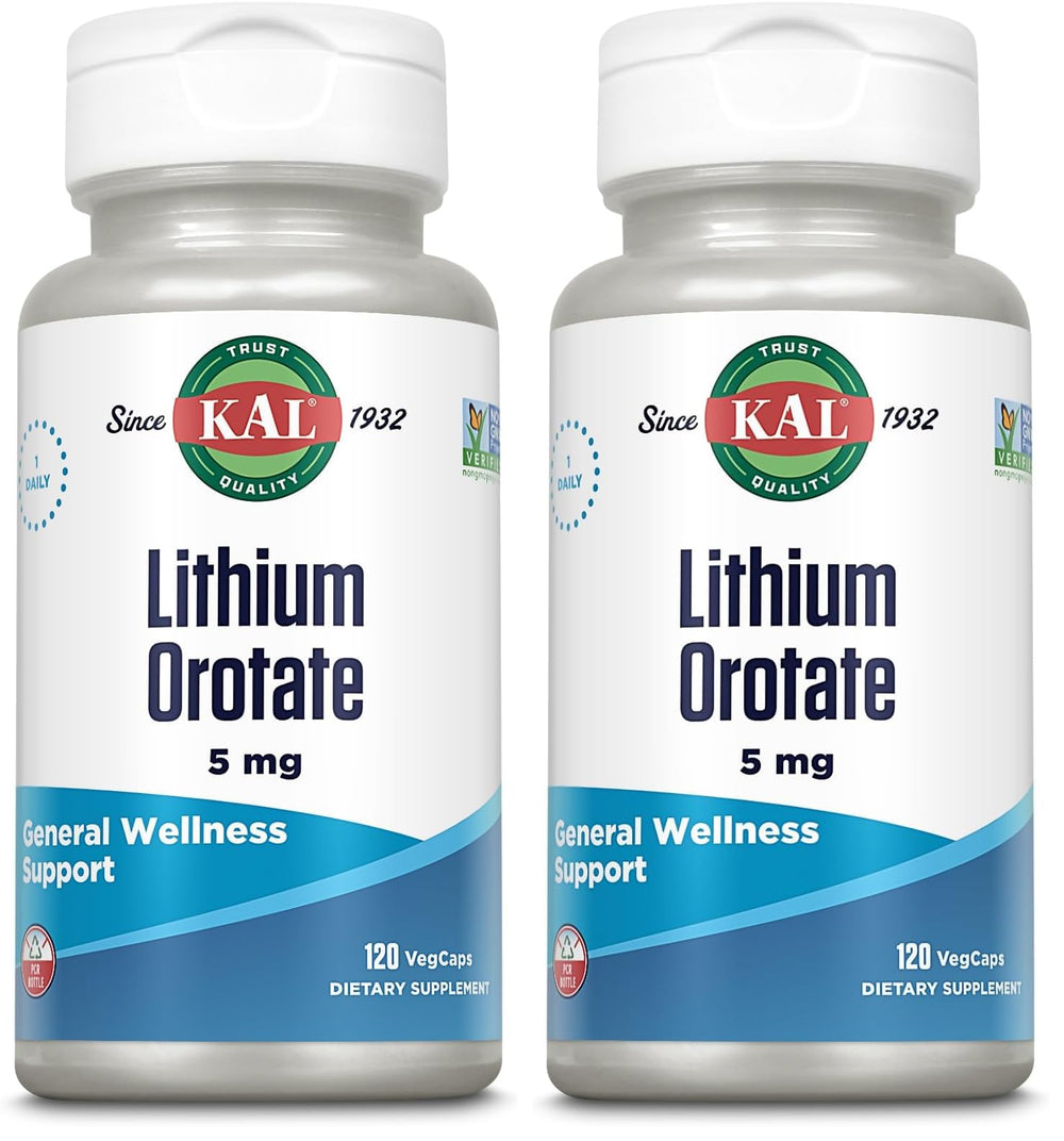 Front view of KAL Lithium Orotate 5 mg VegCaps Pack of 2 bottle