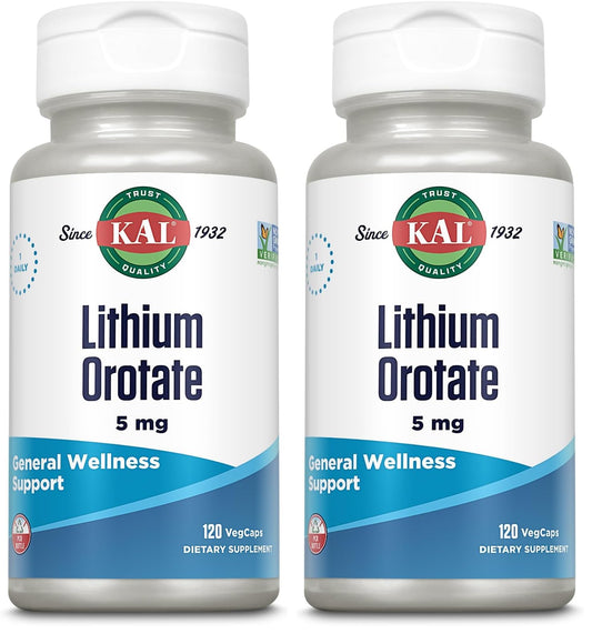 Front view of KAL Lithium Orotate 5 mg VegCaps Pack of 2 bottle