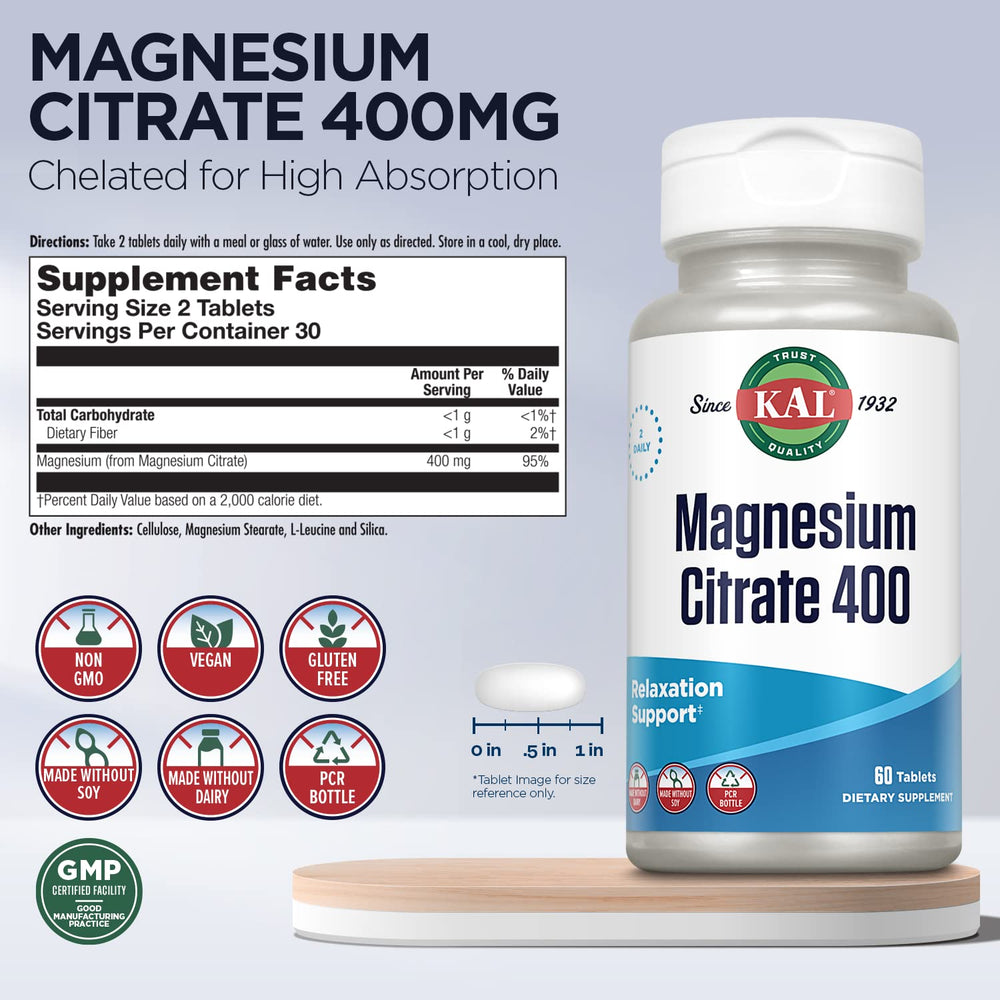 Two-tablet serving dosage showing 400 mg magnesium citrate