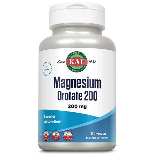 Front view of KAL Magnesium Orotate 200 mg bottle