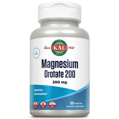 Front view of KAL Magnesium Orotate 200 mg bottle