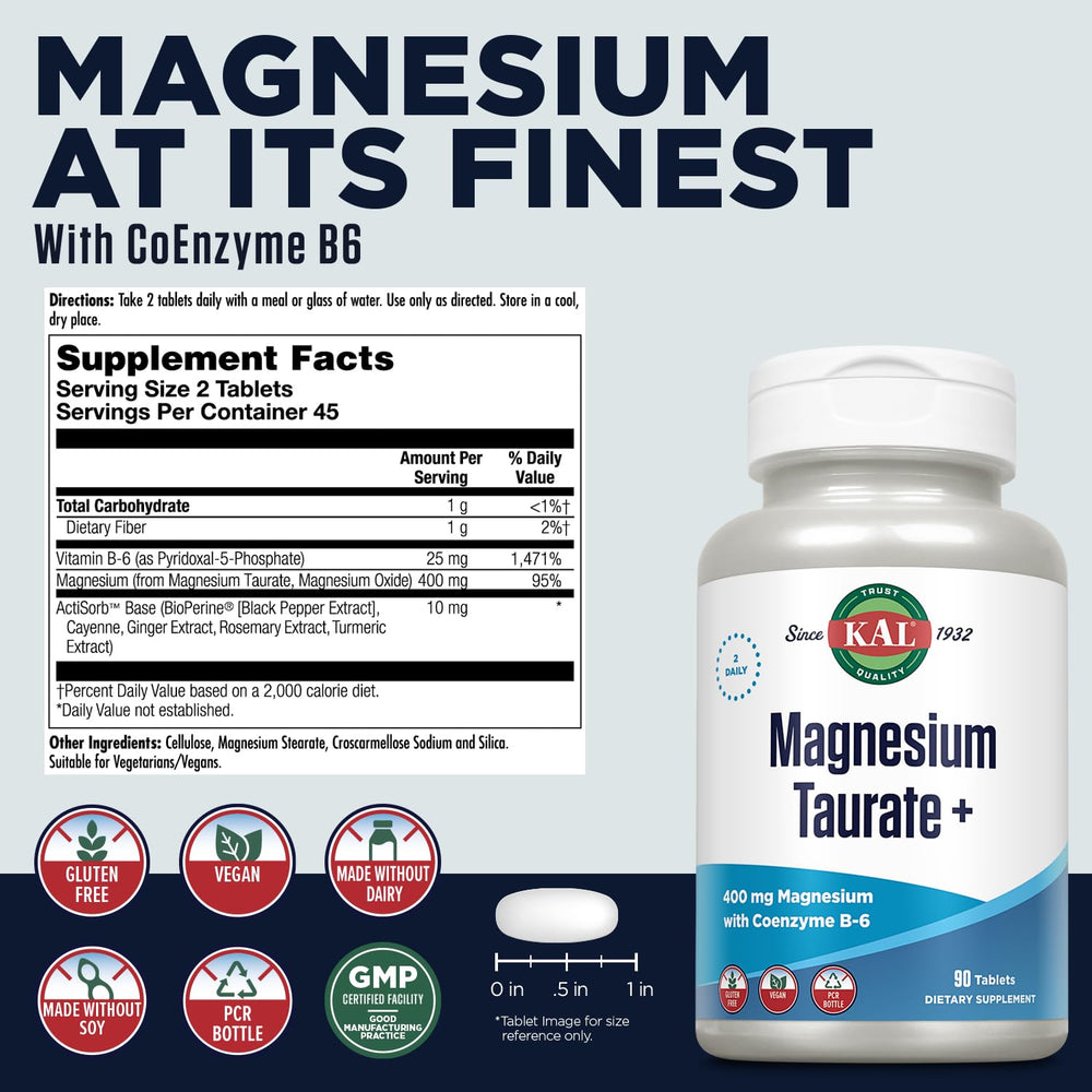 Back label showing ingredients for KAL Magnesium Taurate 400mg Plus CoEnzyme Vitamin B6