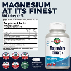 Back label showing ingredients for KAL Magnesium Taurate 400mg Plus CoEnzyme Vitamin B6