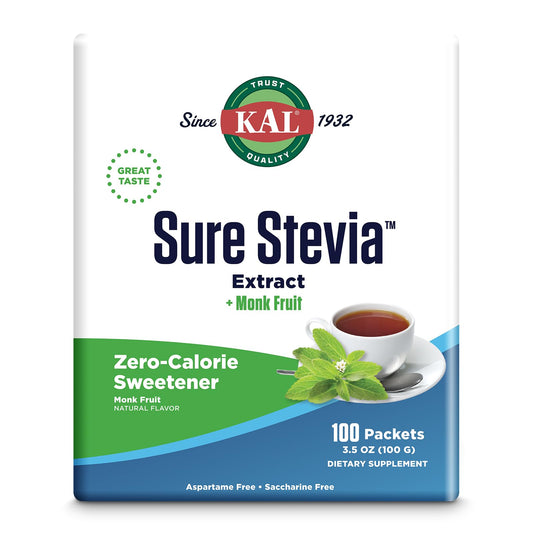 KAL Sure Stevia Plus Monk Fruit single-serve packet in hand