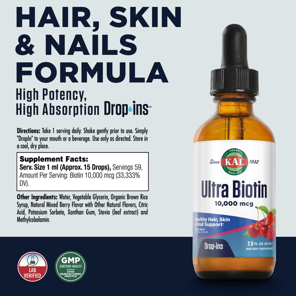 Front label of KAL Ultra Biotin DropIns bottle