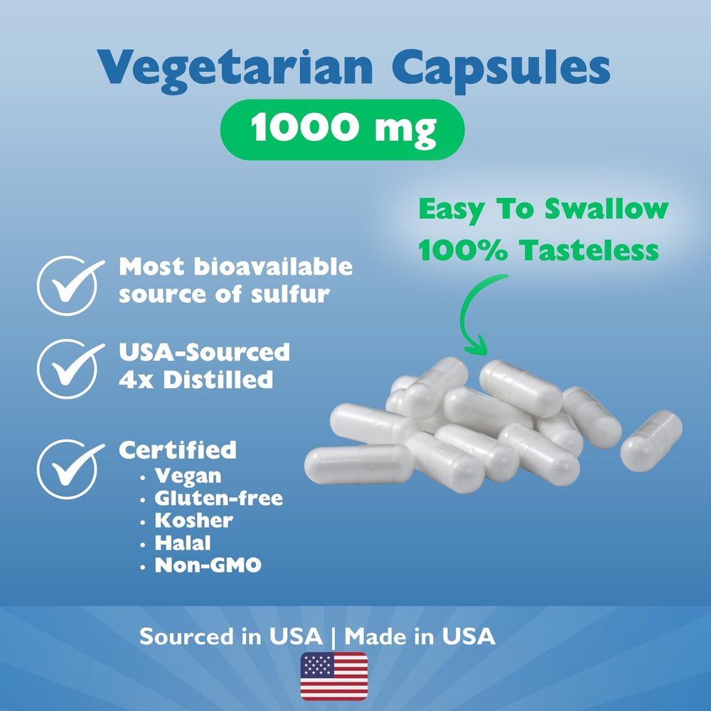 USA-made MSMPure packaging emphasizing high-purity distillation