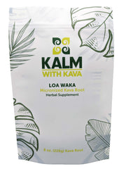 Front view of KALM with Kava Loa Waka Micronized Kava 8 oz.