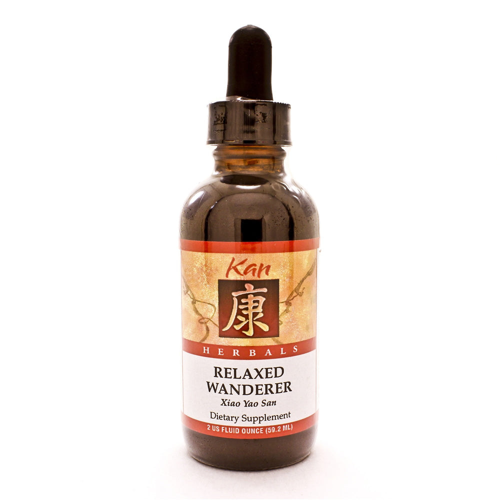 Kan Herbs Relaxed Wanderer bottle and label on a neutral background