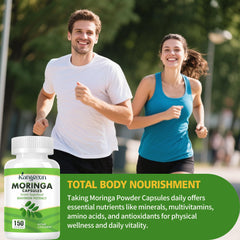 Moringa leaves, powder, and capsules graphic