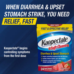 Kaopectate Strawberry Soft Chews held in hand for on-the-go stomach support.