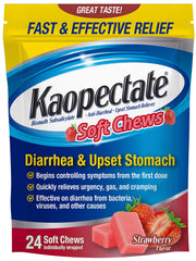 Kaopectate Strawberry Soft Chews package front showing strawberry flavor and fast stomach relief potential.
