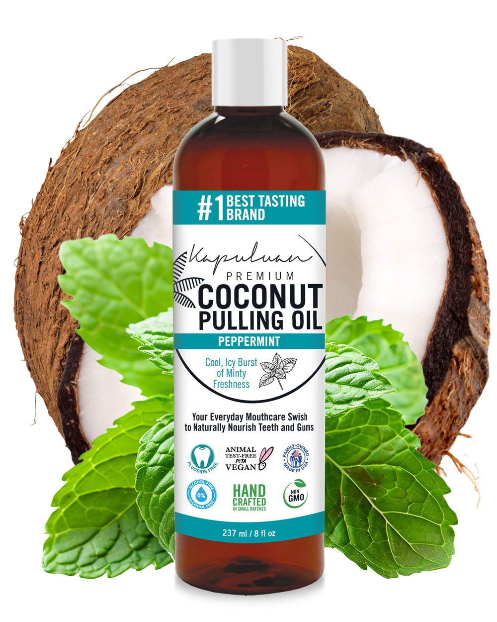Kapuluan coconut oil pulling product hero image with peppermint flavor