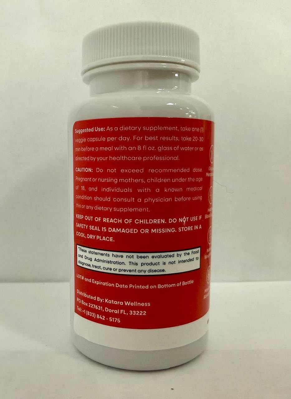 Supplement bottle with 30 capsules and ingredient highlights