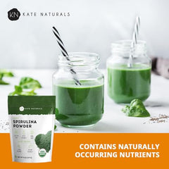 Close-up of the resealable container and spoon with spirulina powder