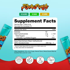 KAVA PUNCH Relaxation Drink Mix 12-stick pack – back view with nutrition panel