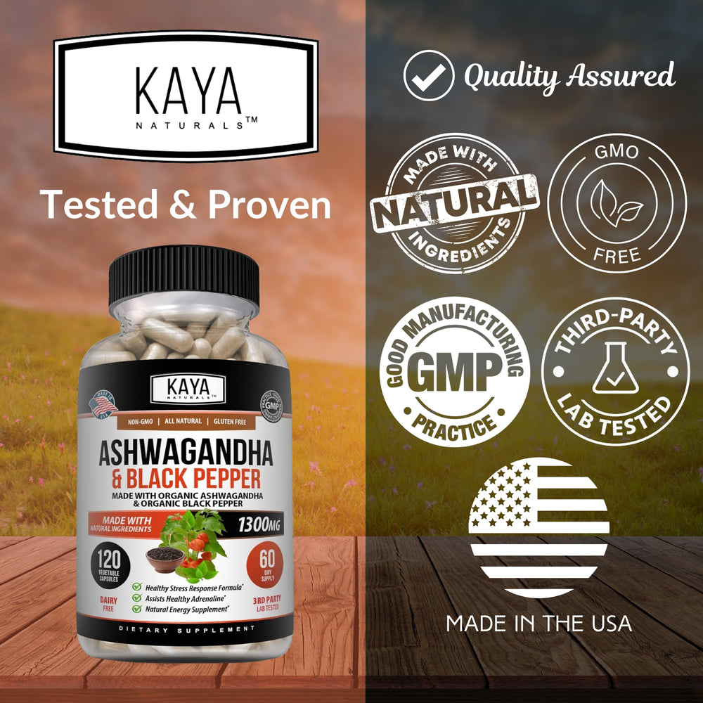 Ashwagandha label highlighting 100% Ashwagandha and black pepper