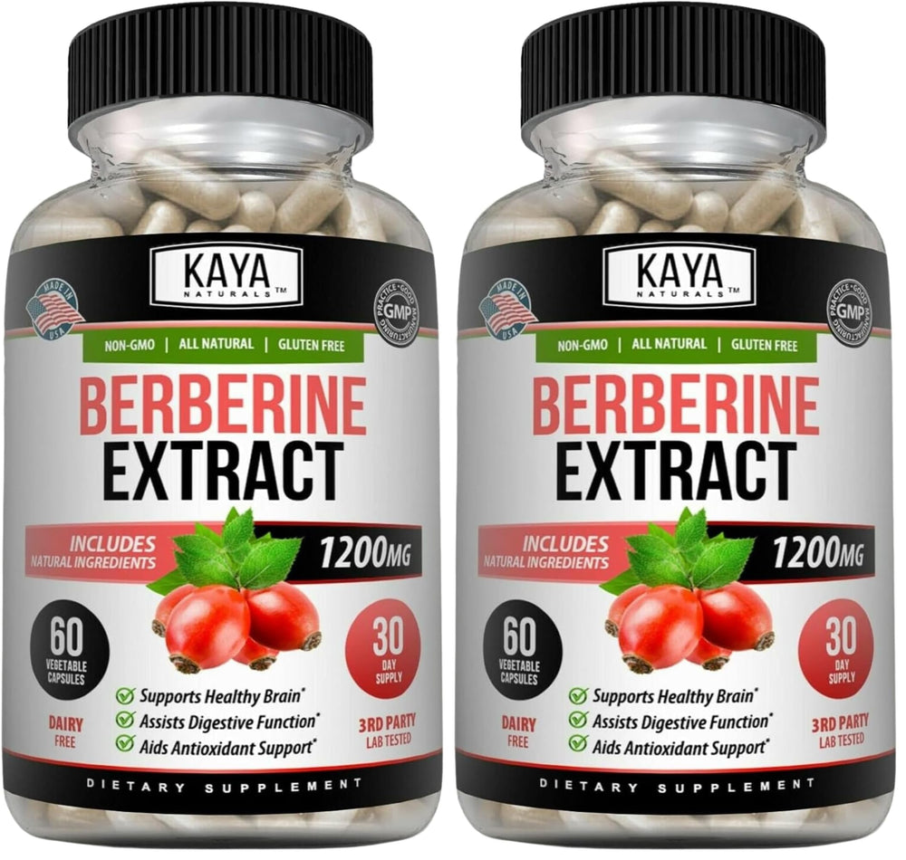 Front view of Kaya Naturals Berberine HCL 1200mg bottle